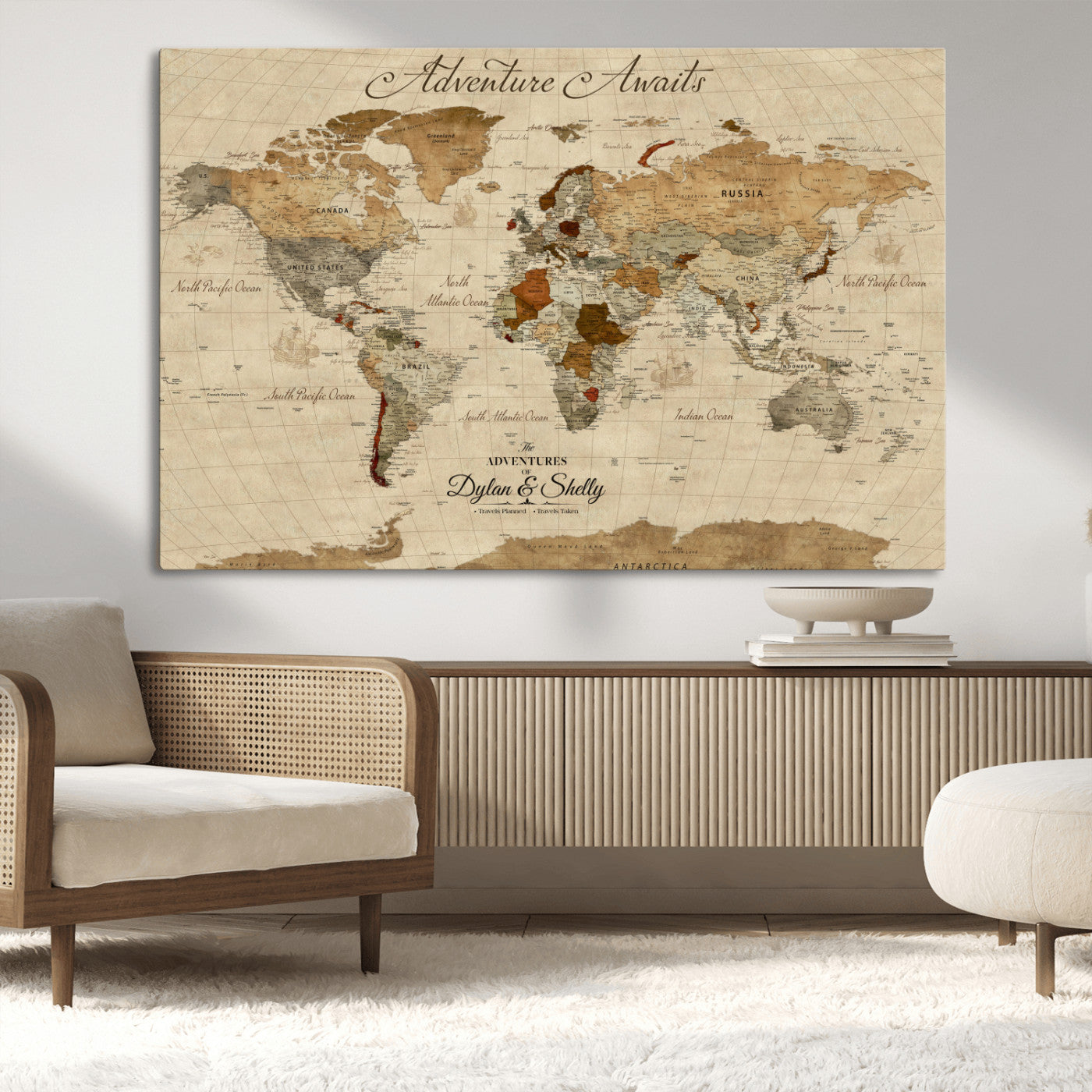 Rehber01-MGV-CV-36X24-Personalized World Map Canvas – Custom Framed Push Pin Travel Map Wall Art with Names, Vintage Style Gift for Couples