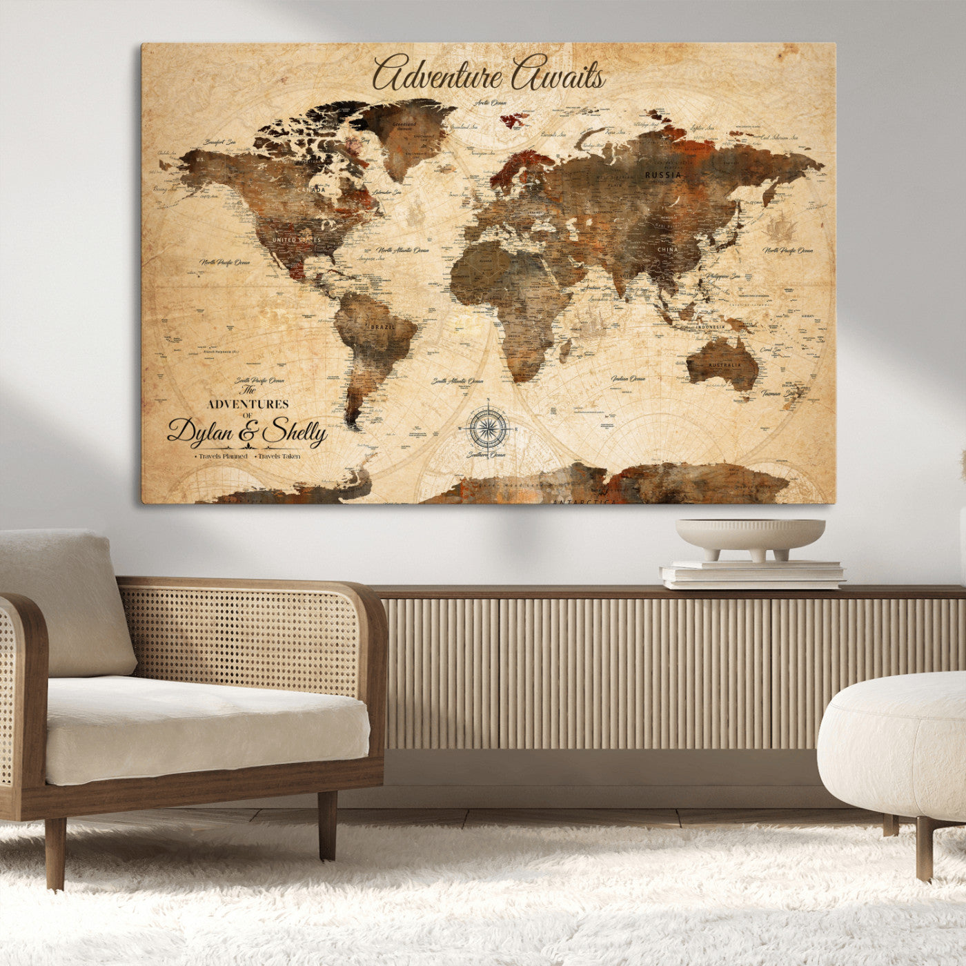 Rehber01-MGV-CV-36X24-Personalized World Map Canvas Wall Art – Custom Framed Push Pin Travel Tracker Print, Unique Gift for Home or Office Decor