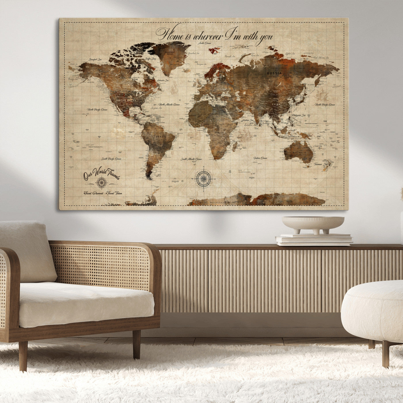 Rehber01-MGV-CV-36X24-Personalized World Map Print, Customizable Push Pin Framed World Map Print on Canvas - Custom Quote
