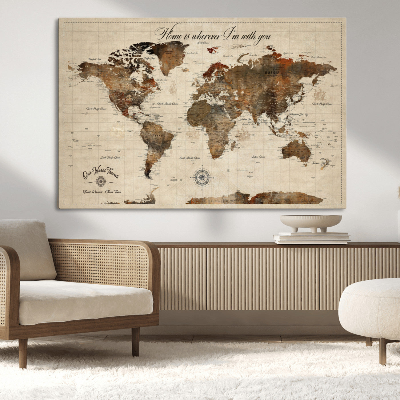 Rehber01-MGV-CV-36X24-Personalized World Map Canvas Wall Art – Custom Framed Push Pin Travel Tracker Print, Unique Gift for Home or Office Decor