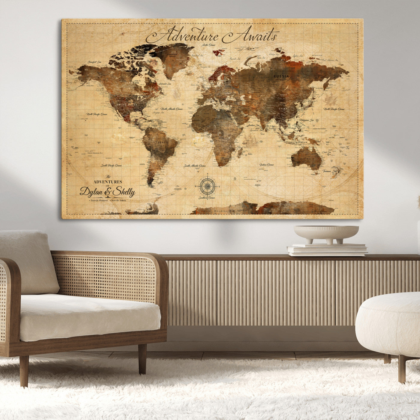 Rehber01-MGV-CV-36X24-Personalized World Map Canvas Wall Art – Custom Framed Push Pin Travel Tracker Print, Unique Gift for Home or Office Decor