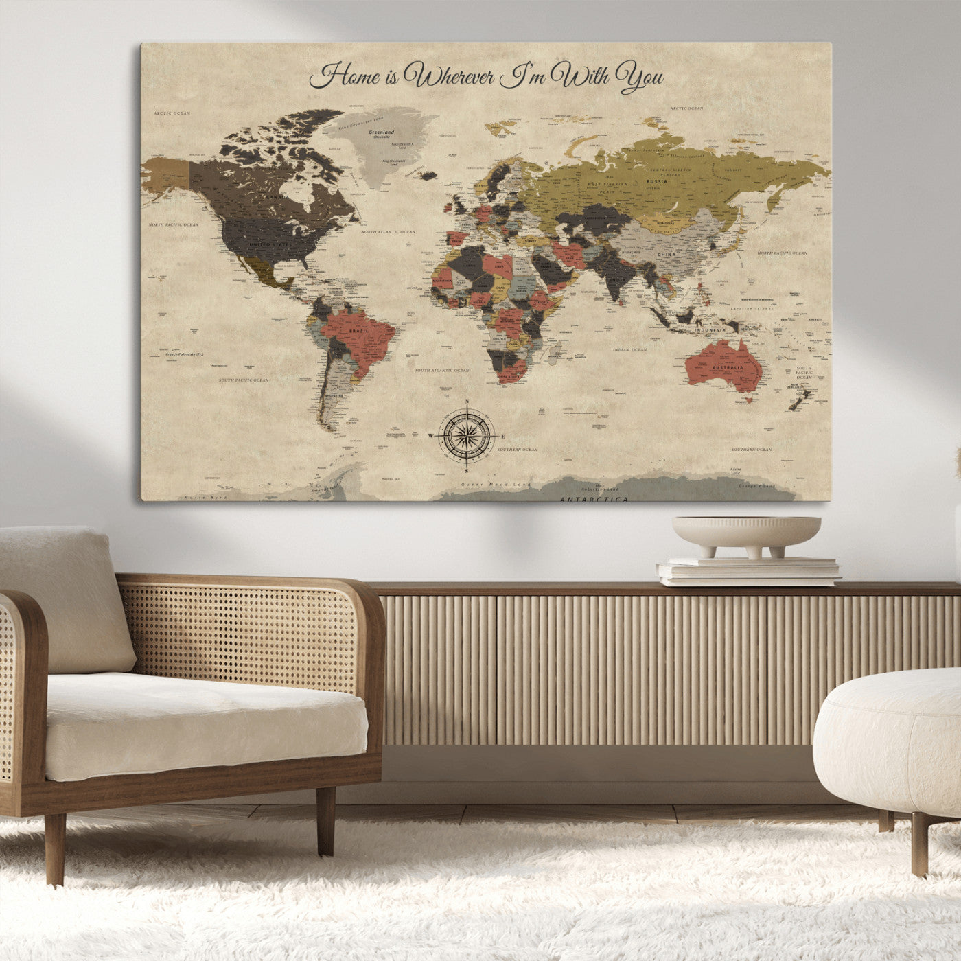 -Personalized World Map Wall Art Canvas Print – Customizable Push Pin Framed Travel Map Artwork for Home Office