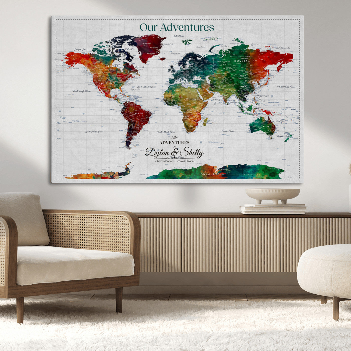 Rehber01-MGV-CV-36X24-Personalized World Map Canvas Wall Art – Custom Framed Push Pin Travel Tracker Print, Unique Gift for Home or Office Decor