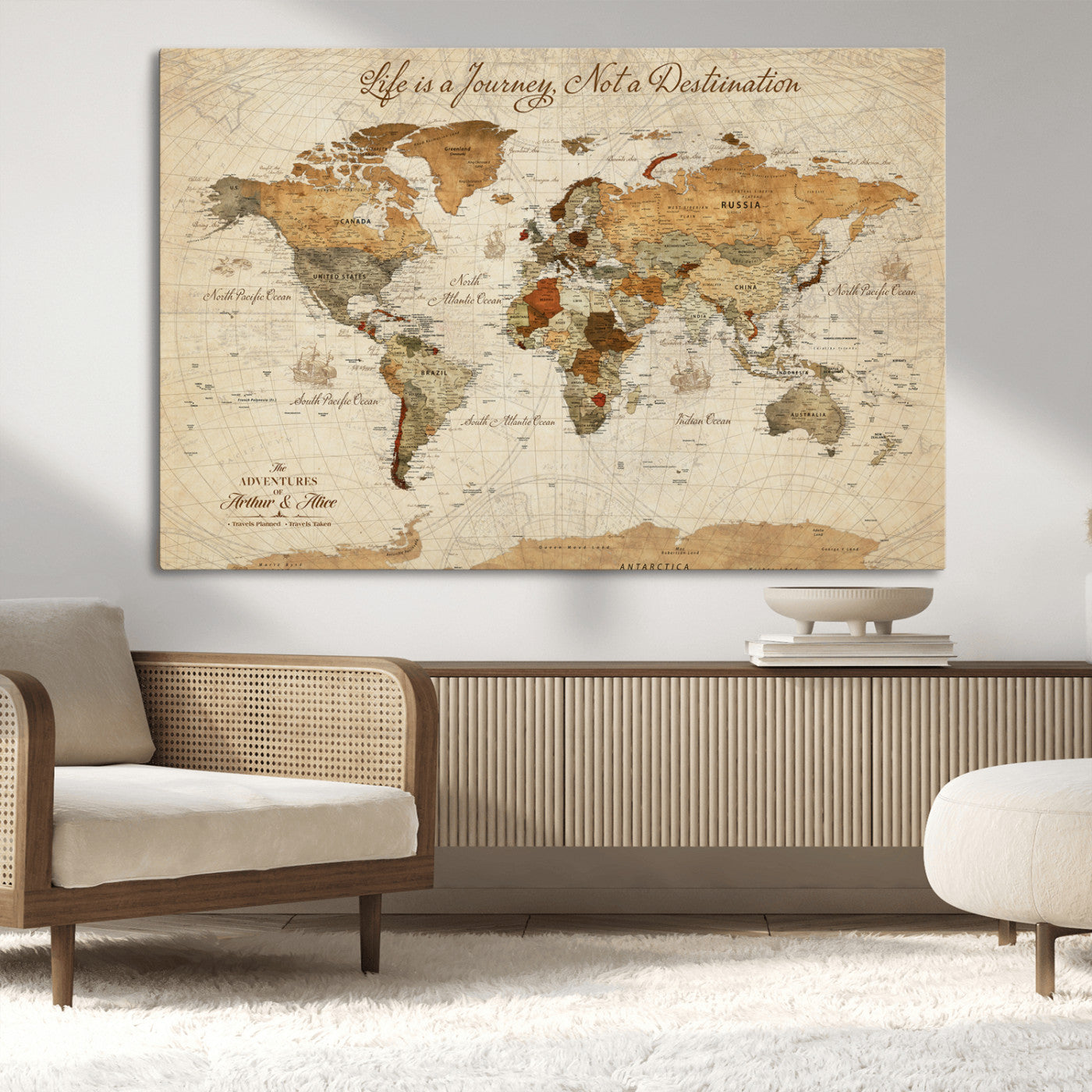 Rehber01-MGV-CV-36X24-Personalized Framed World Map Wall Art Canvas Print – Custom Push Pin Travel Tracker Handcrafted USA for Home Office