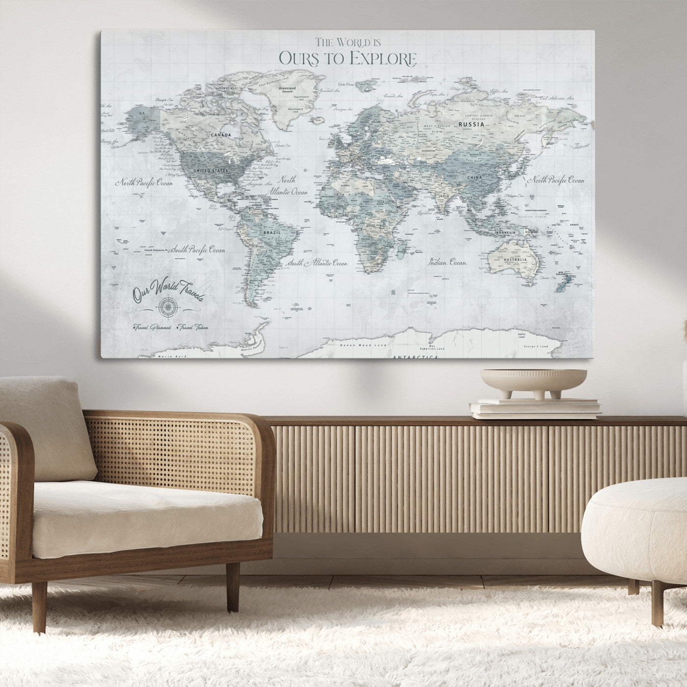 Rehber01-MGV-CV-36X24-Personalized Push Pin World Map Canvas Print – Custom Framed Travel Tracker Wall Art Large Map Artwork for Home, Office