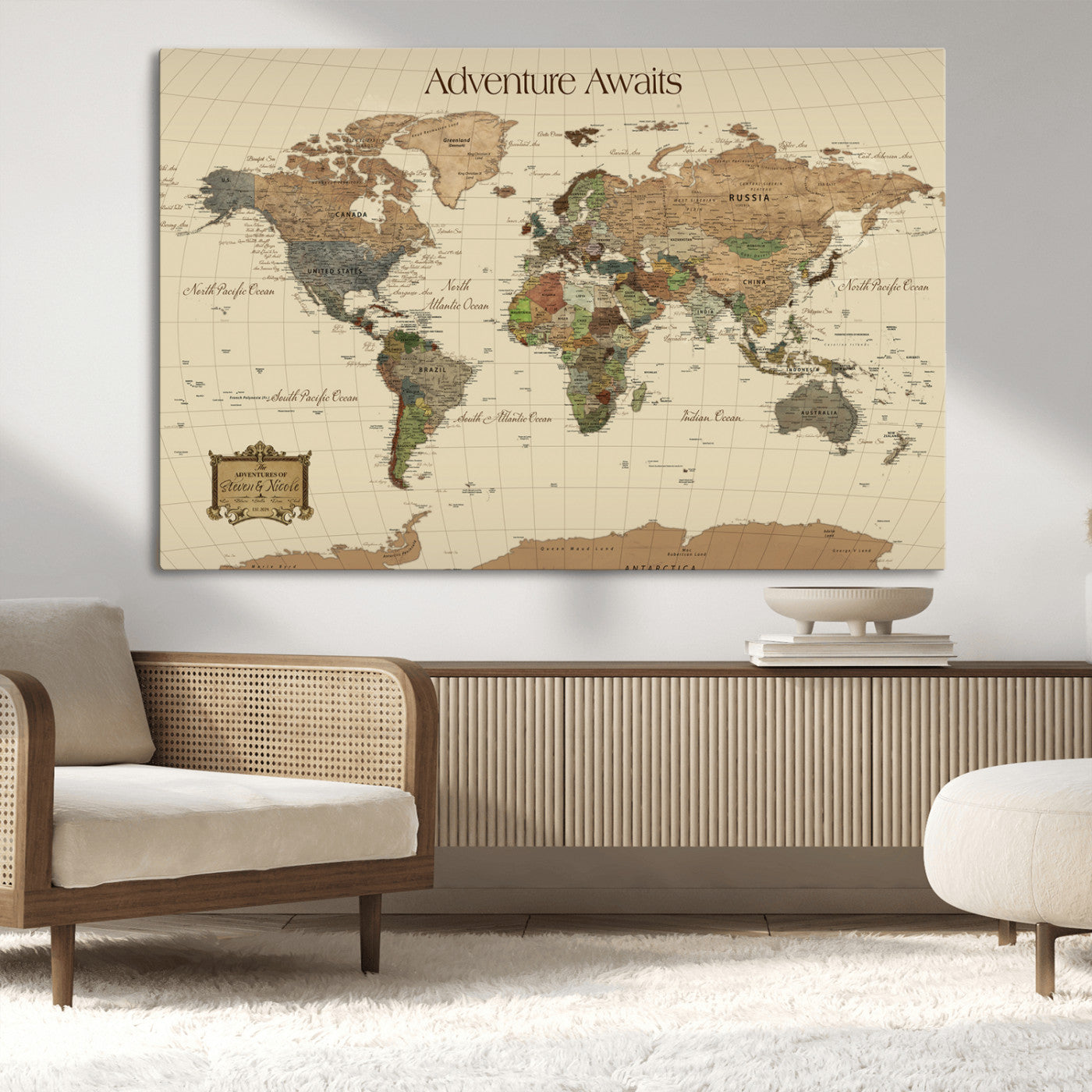 Rehber01-MGV-CV-36X24-Custom Push Pin World Map Wall Art Canvas Print – Personalized Travel Tracker Adventure Destination Gift for Home Office