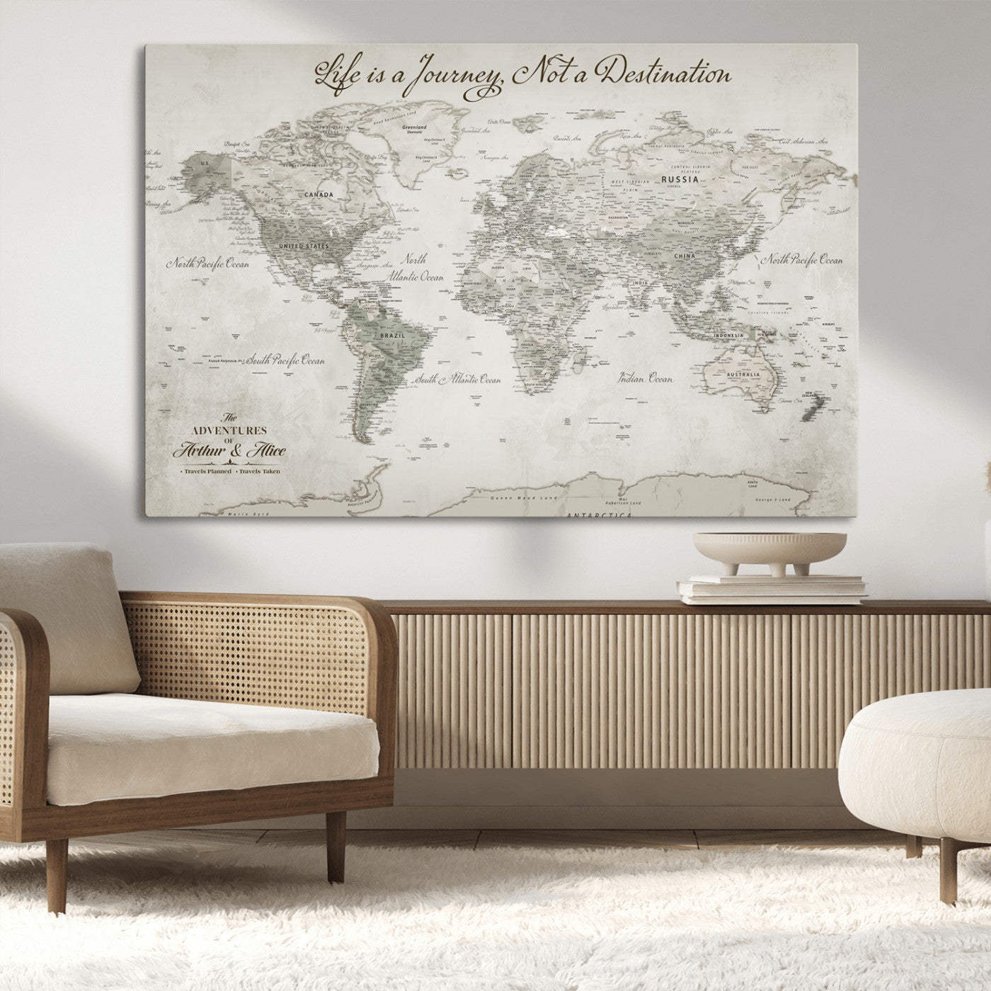 11398637-MGV-CV-36X24-Personalized Vintage World Map Canvas Print – Framed Push Pin Travel Tracker Neutral Elegant Artwork for Home, Office