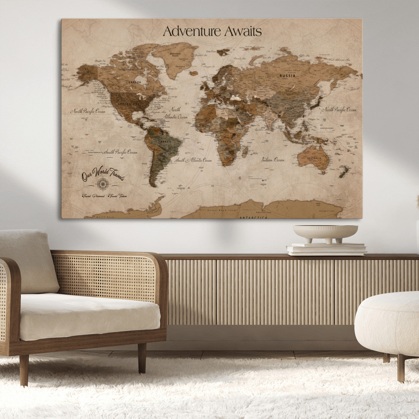 Rehber01-MGV-CV-36X24-Personalized Framed World Map Wall Art Canvas – Custom Push Pin Travel Map with 100 Pins Foam Backing for Home Office