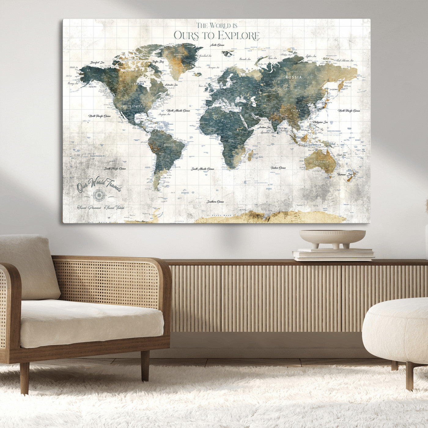 -Custom Push Pin World Map Wall Art Canvas Print – Adventure Travel Tracker Map with Pins Artwork for Home Office