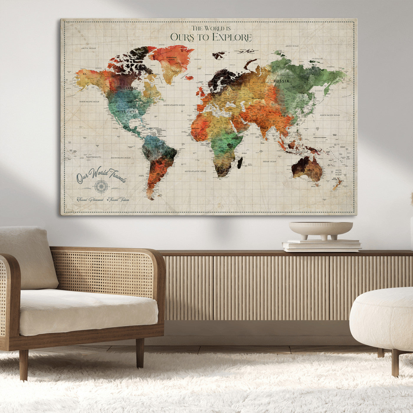Rehber01-MGV-CV-36X24-Custom Push Pin World Map Wall Art Canvas Print – Personalized Travel Tracker Map Framed Artwork for Home Office