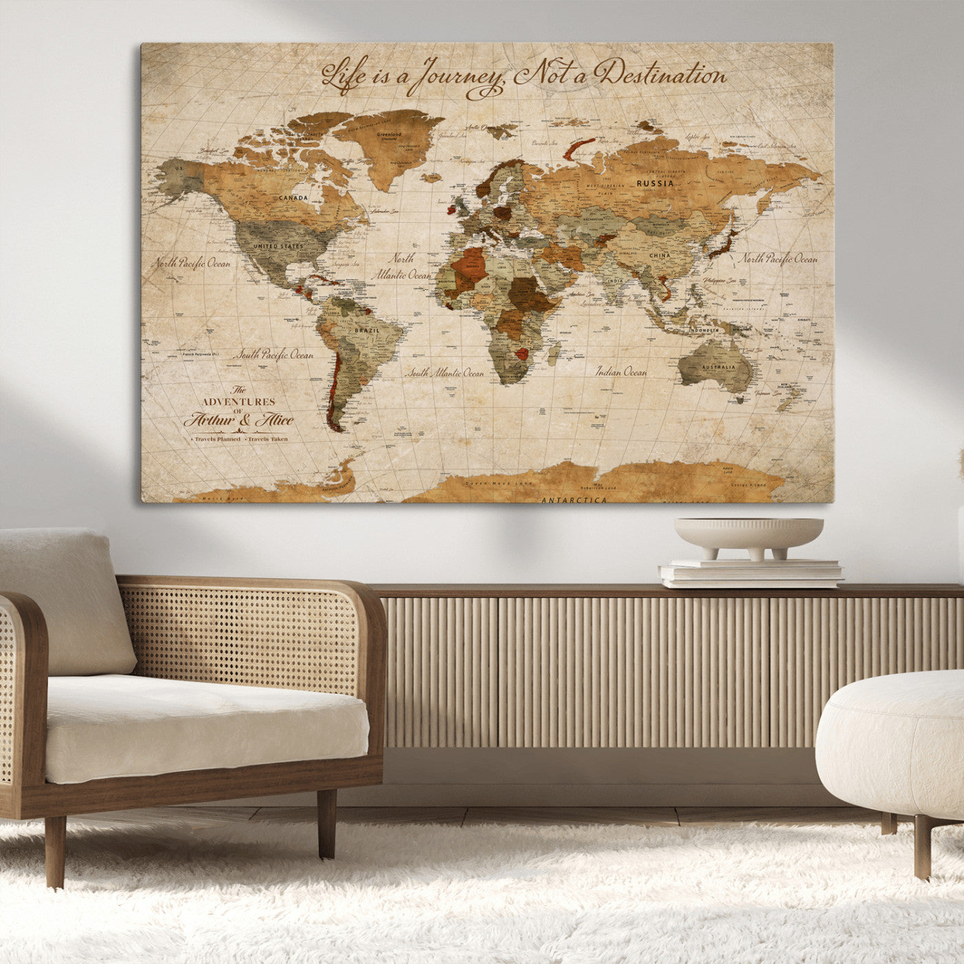 Rehber01-MGV-CV-36X24-Personalized Vintage World Map Canvas – Custom Framed Push Pin Travel Map Wall Art, Rustic Gift for Couples and Travel Lovers