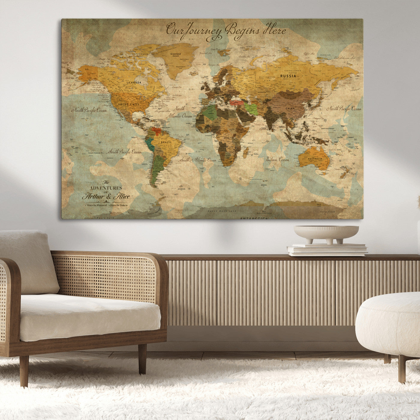 40572820-MGV-CV-36X24-Personalized World Map Canvas – Custom Framed Push Pin Travel Map Wall Art, Vintage Style Gift for Couples