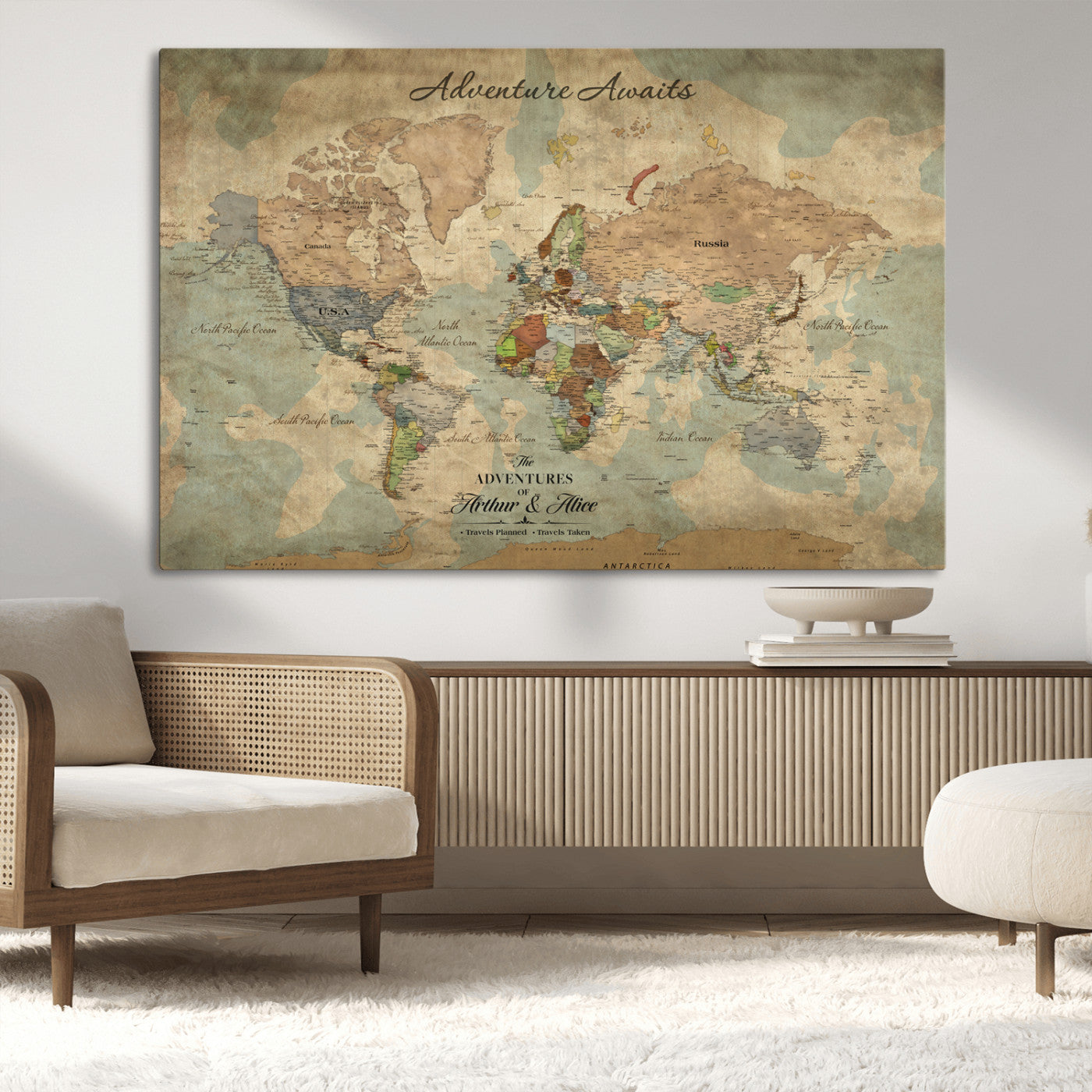 Rehber01-MGV-CV-36X24-Personalized Vintage World Map Canvas Print – Custom Push Pin Travel Map Antique Style Gift for Couples Travelers for Home Office