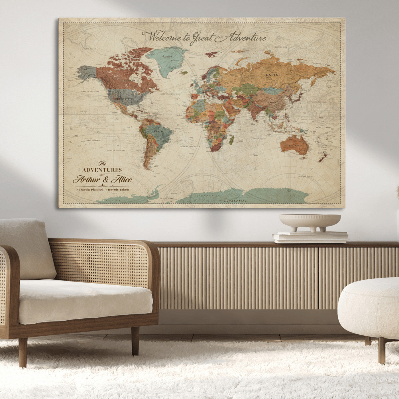 Rehber01-MGV-CV-36X24-Personalized Antique World Map Canvas Print – Custom Push Pin Travel Map Vintage Gift for Couples Explorers for Home, Office