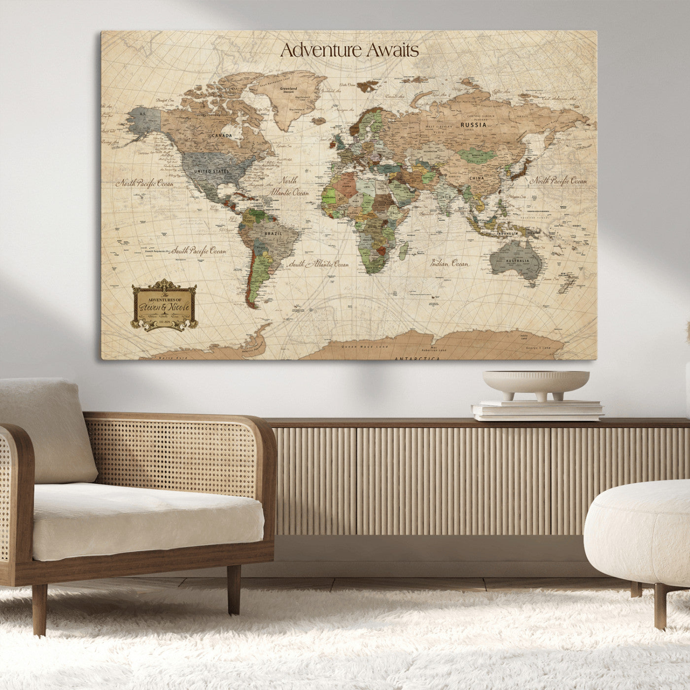 33020399-MGV-CV-36X24-Personalized World Map Canvas Print – Custom Push Pin Travel Tracker Map Anniversary Gift for Couples for Home, Office