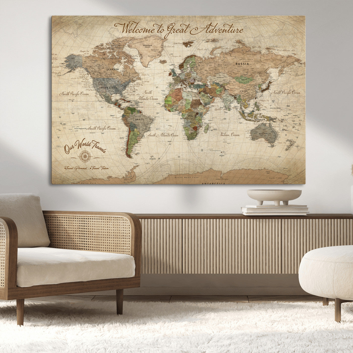 -Personalized Antique World Map Canvas Print – Custom Push Pin Travel Tracker Vintage Adventure Gift for Couples for Home, Office