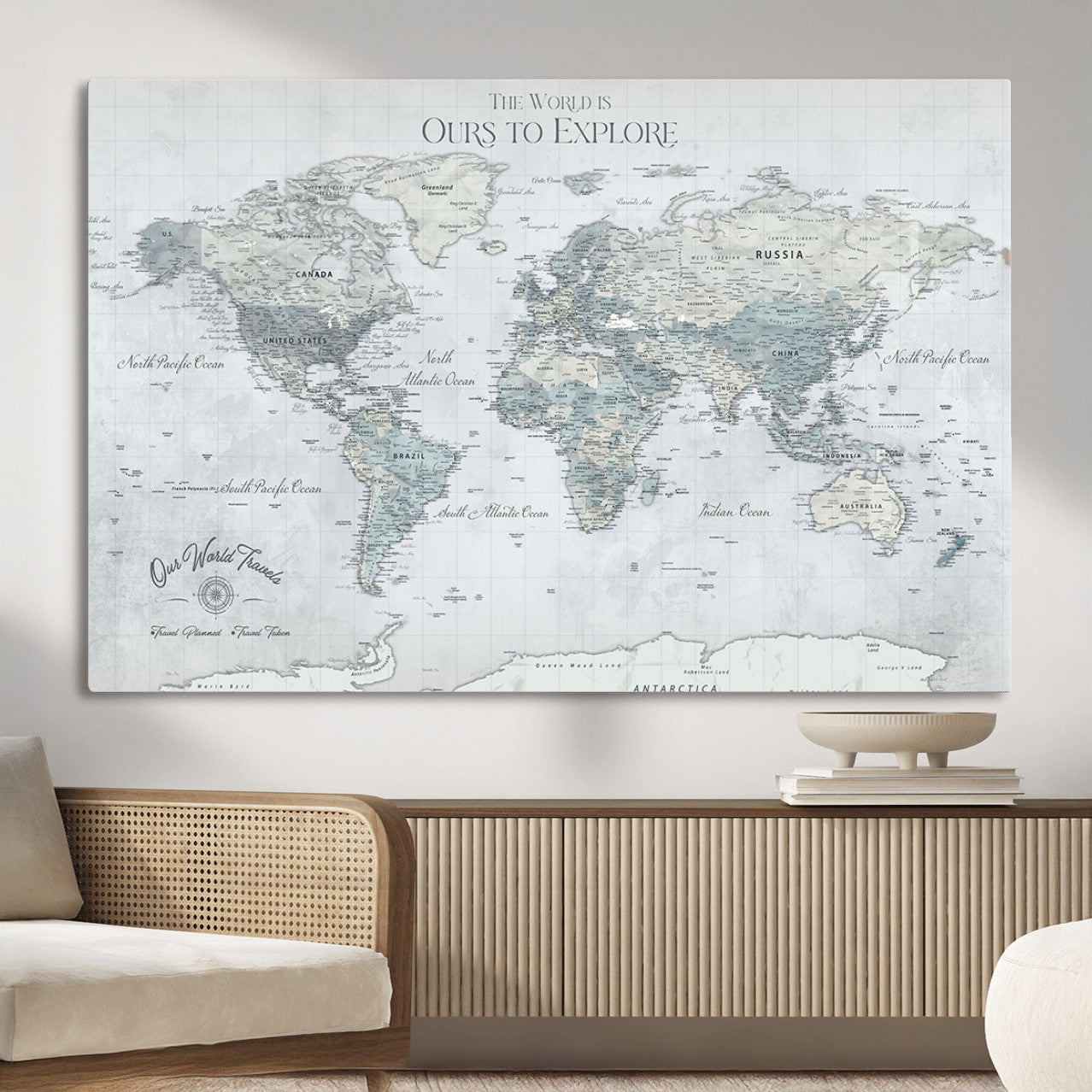 73654056-MGV-CV-36X24 - Personalized Push Pin World Map Canvas Print – Custom Framed Travel Tracker Artwork for Couples or Home Decor