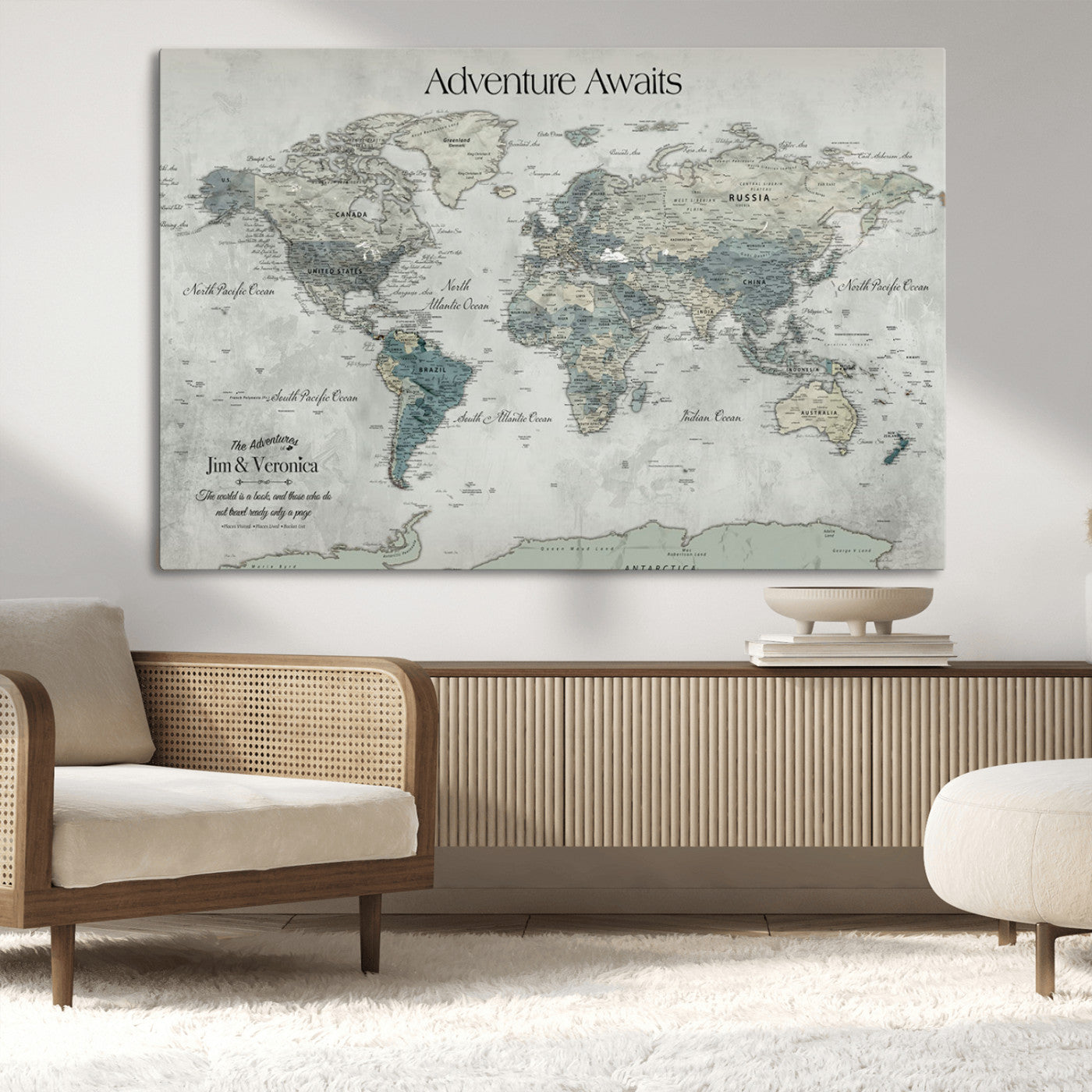 -Personalized Push Pin World Map Canvas Print – Custom Adventure Travel Map Framed Wall Art Gift for home, office
