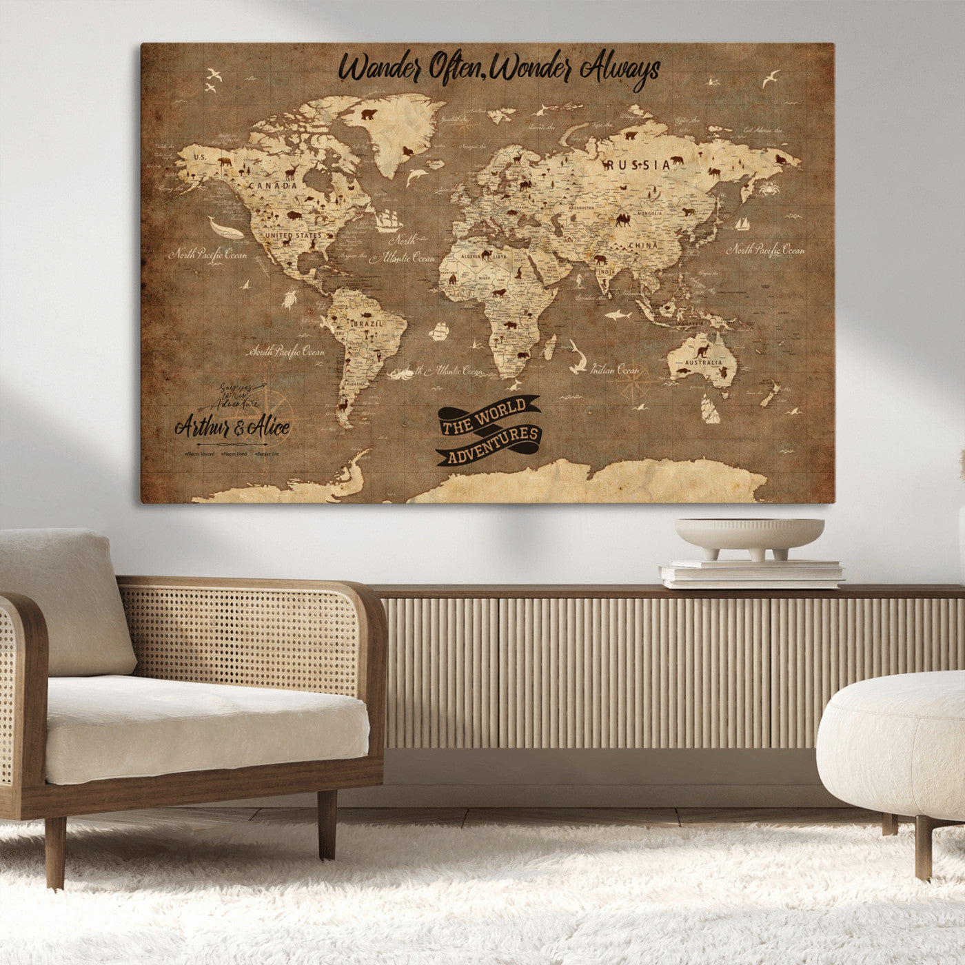 Rehber01-MGV-CV-36X24-Customize Push Pin World Map Wall Art Canvas Print – Personalized Kids Room Framed Map Adventure Travel for home, office