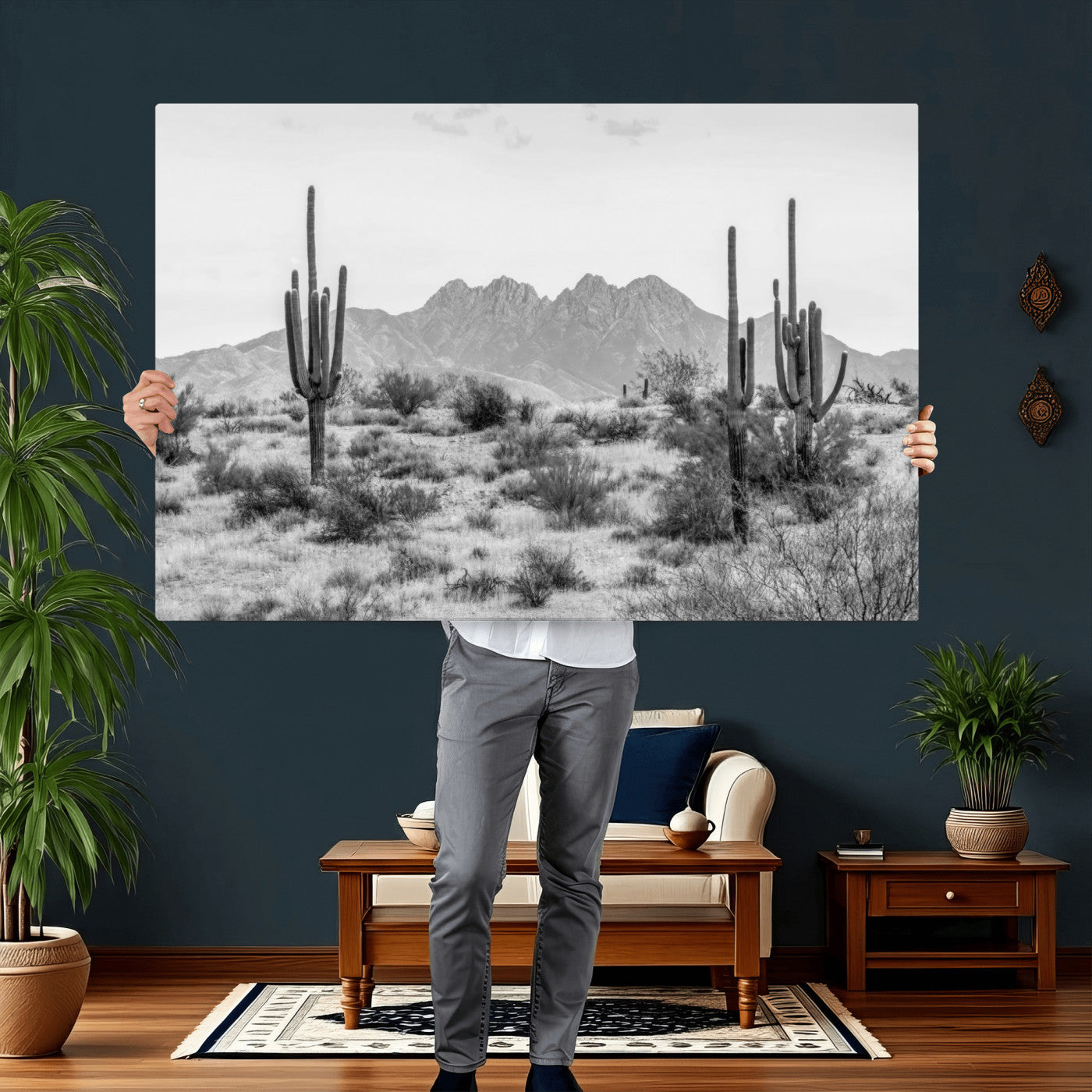 97436PHN-MGV-CV-36X24 - Black White Arizona Desert Canvas Wall Art Cactus Farmhouse Wall Art