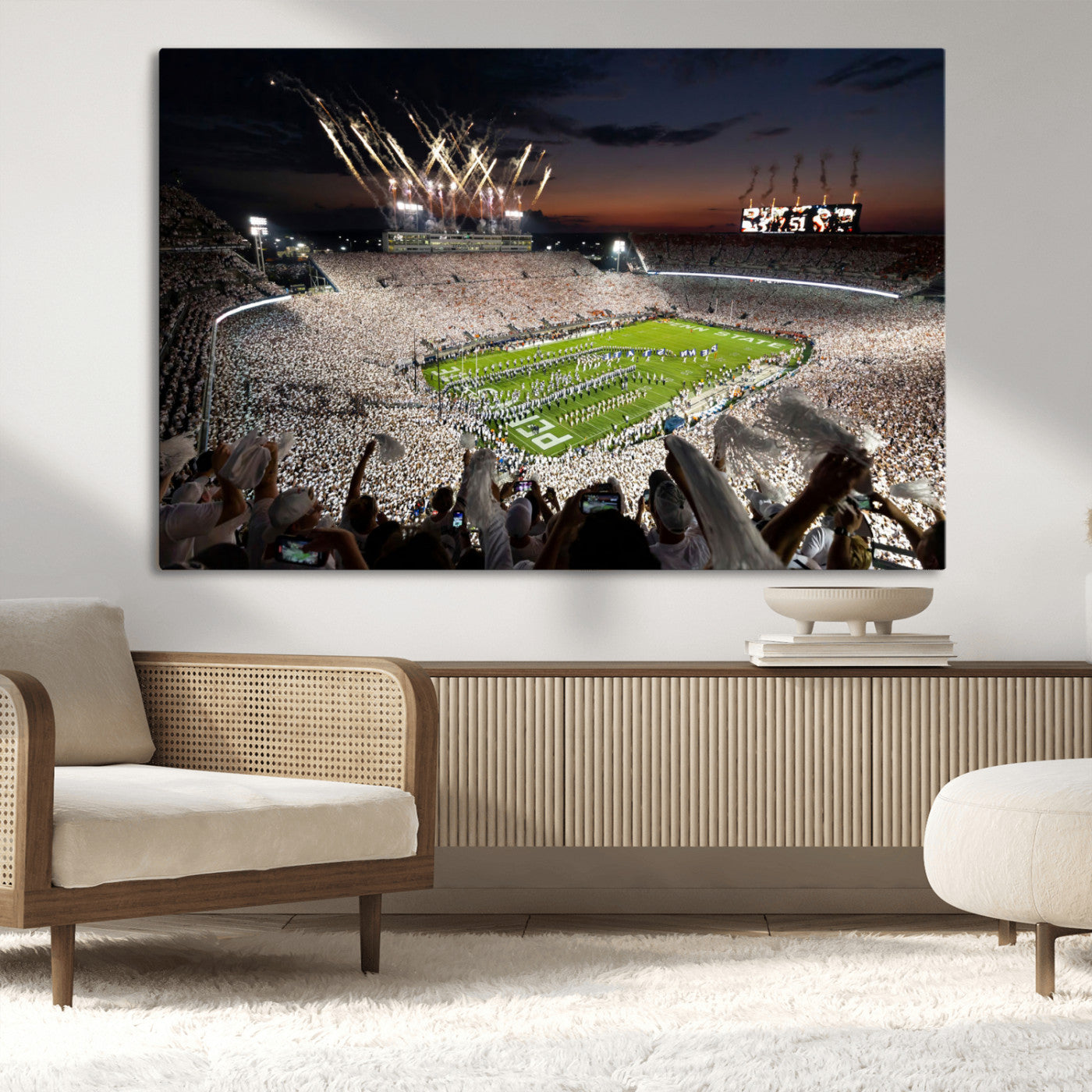 26666-MGV-CV-36X24-Penn State Stadium Wall Art – White Out Football Game Canvas Print Framed Sports Stadium Decor for Home, Office