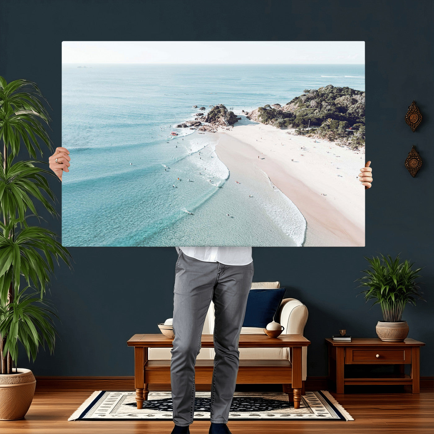 79395467-MGV-CV-36X24 - Aerial Beach Wall Art Canvas Print, Coastal Ocean Waves and Surfers Scenic Seaside Artwork for Home, Office Decor