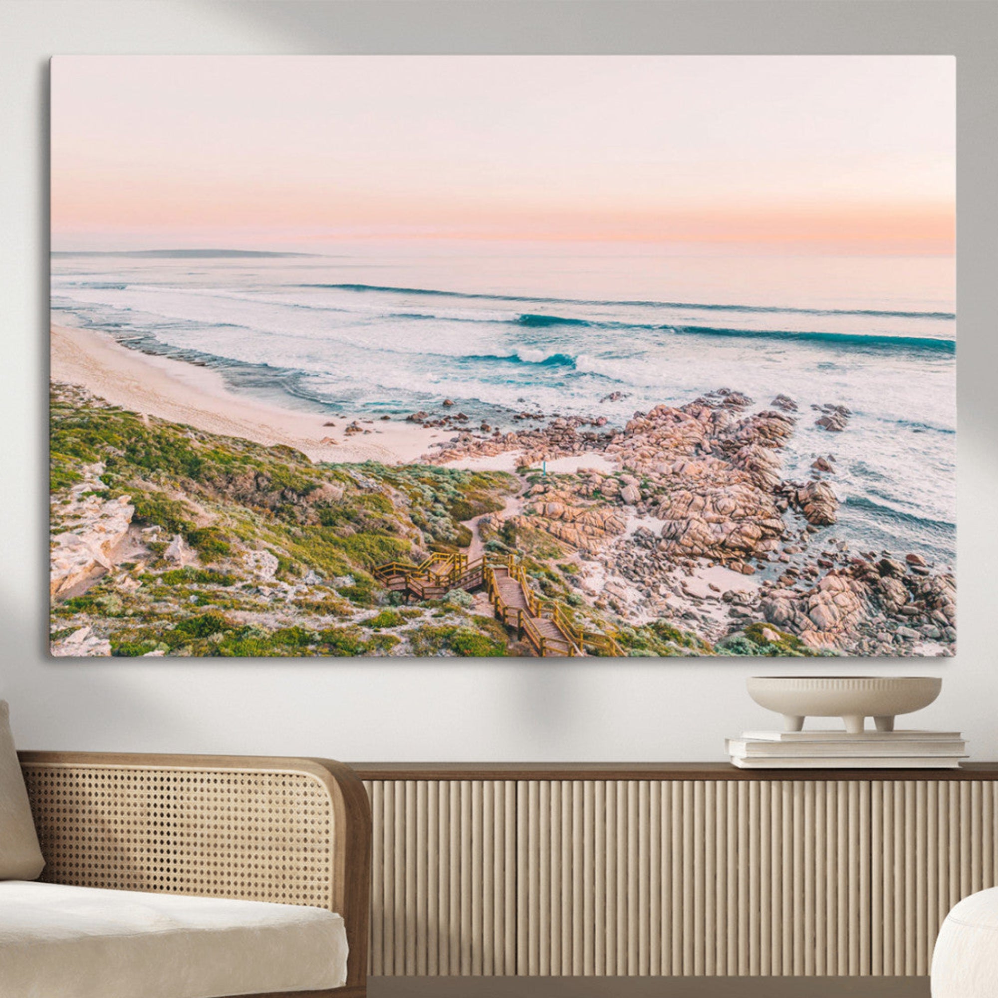 27332135-MGV-CV-36X24-Coastal Cliffside Wall Art Canvas Print, Ocean Shore Landscape with Waves and Rocks Artwork for Home, Office