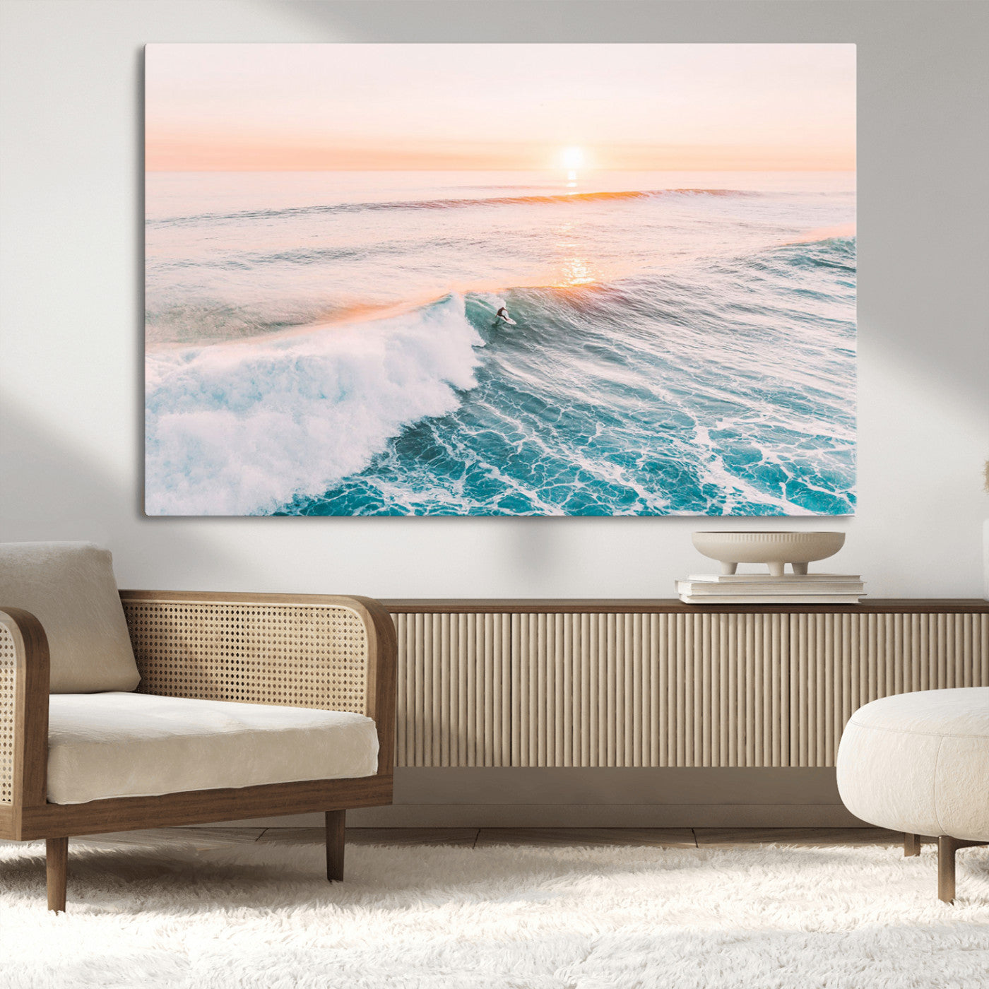 34064591-MGV-CV-36X24-Sunset Surfing Wall Art Canvas Print, Ocean Wave Surfer with Golden Sky Artwork for Home, Office, Living Room