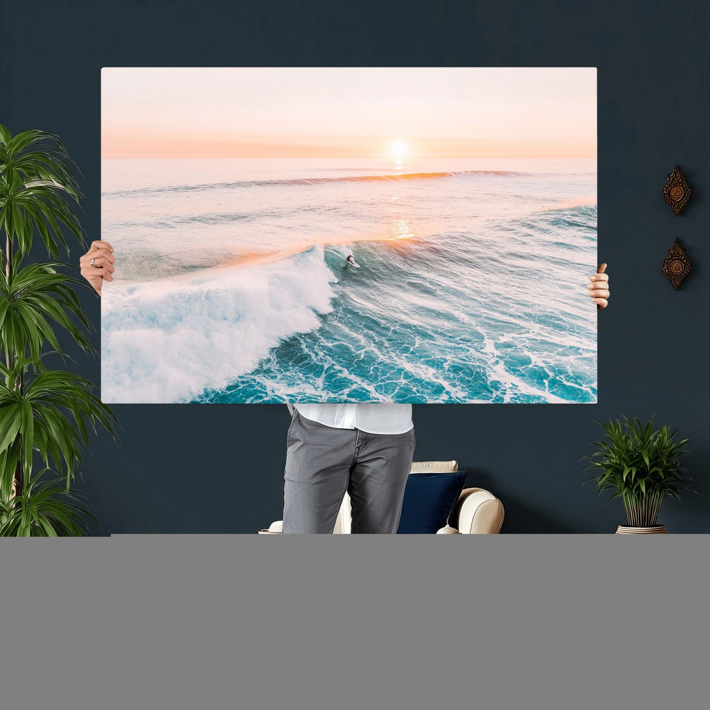 34064591-MGV-CV-36X24 - Sunset Surfing Wall Art Canvas Print, Ocean Wave Surfer with Golden Sky Artwork for Home, Office, Living Room