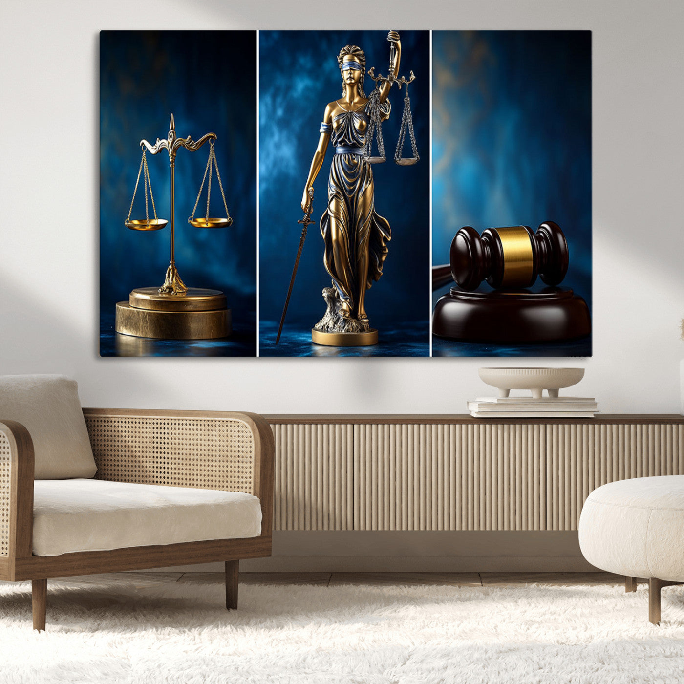 87750525-MGV-CV-36X24-Justice Scales Statue Wall Art, Lady Justice Sculpture Canvas Print, Legal Law Decor, Courtroom