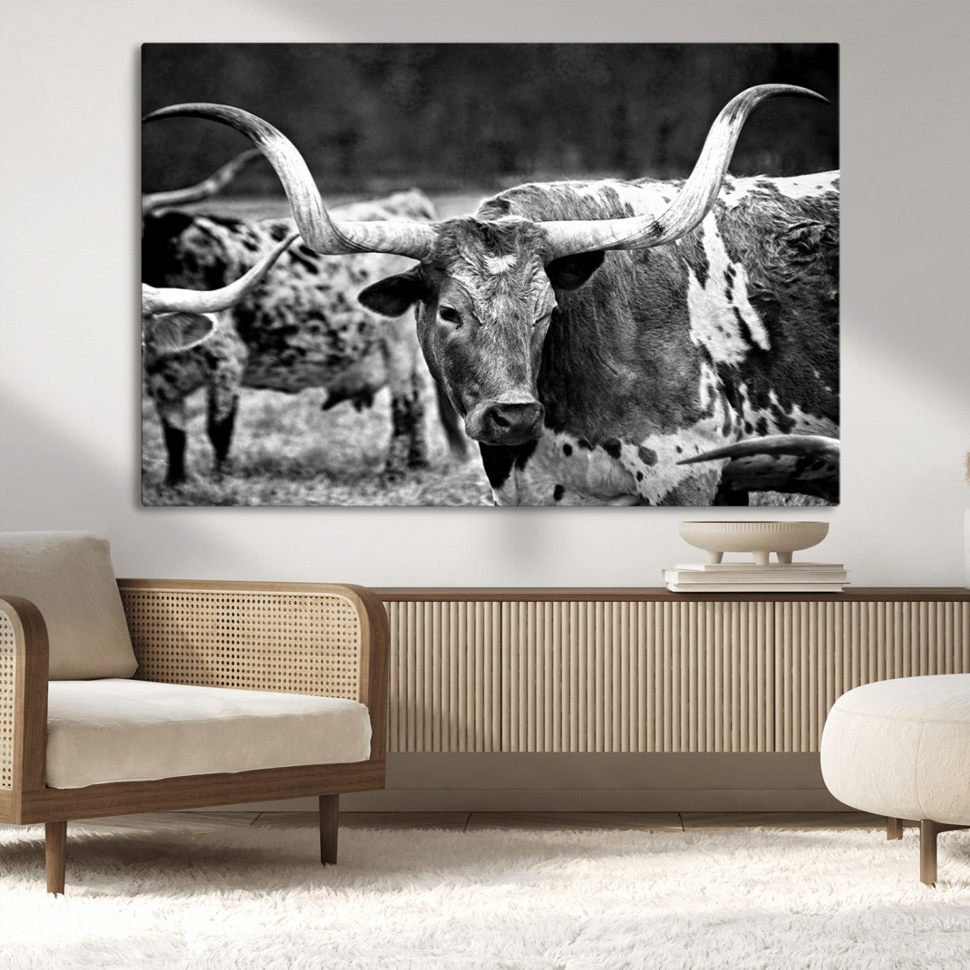 15425553-MGV-CV-36X24-Black & White Longhorn Cattle Wall Art Canvas Print, Rustic Farmhouse Western Design Artwork for Home, Office