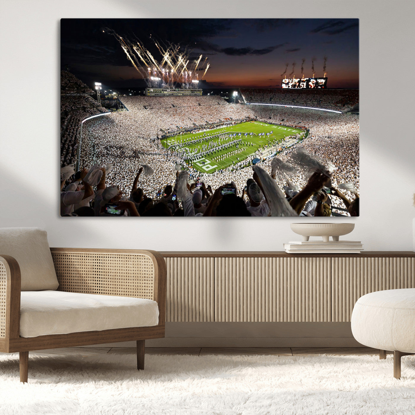 Panoramic view of a packed football stadium during a night game with a firework display and marching band performance – Wall Art Canvas Print.