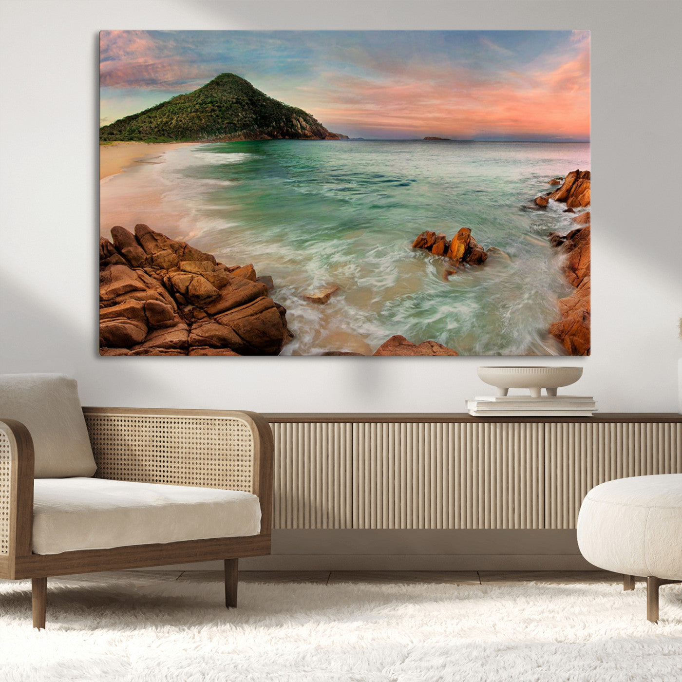53831025-MGV-CV-36X24-Stunning Coastal Landscape with Rocky Shore and Green Hills at Sunset – Beautiful Ocean View Wall Art Canvas Print for Serene Home Decor.