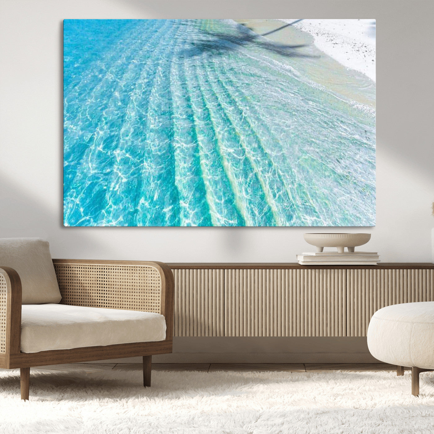-Crystal Clear Ocean Wall Art Canvas Print – Sunlight Reflections and Palm Tree Shadow on Sandy Beach Artwork for Home, Office
