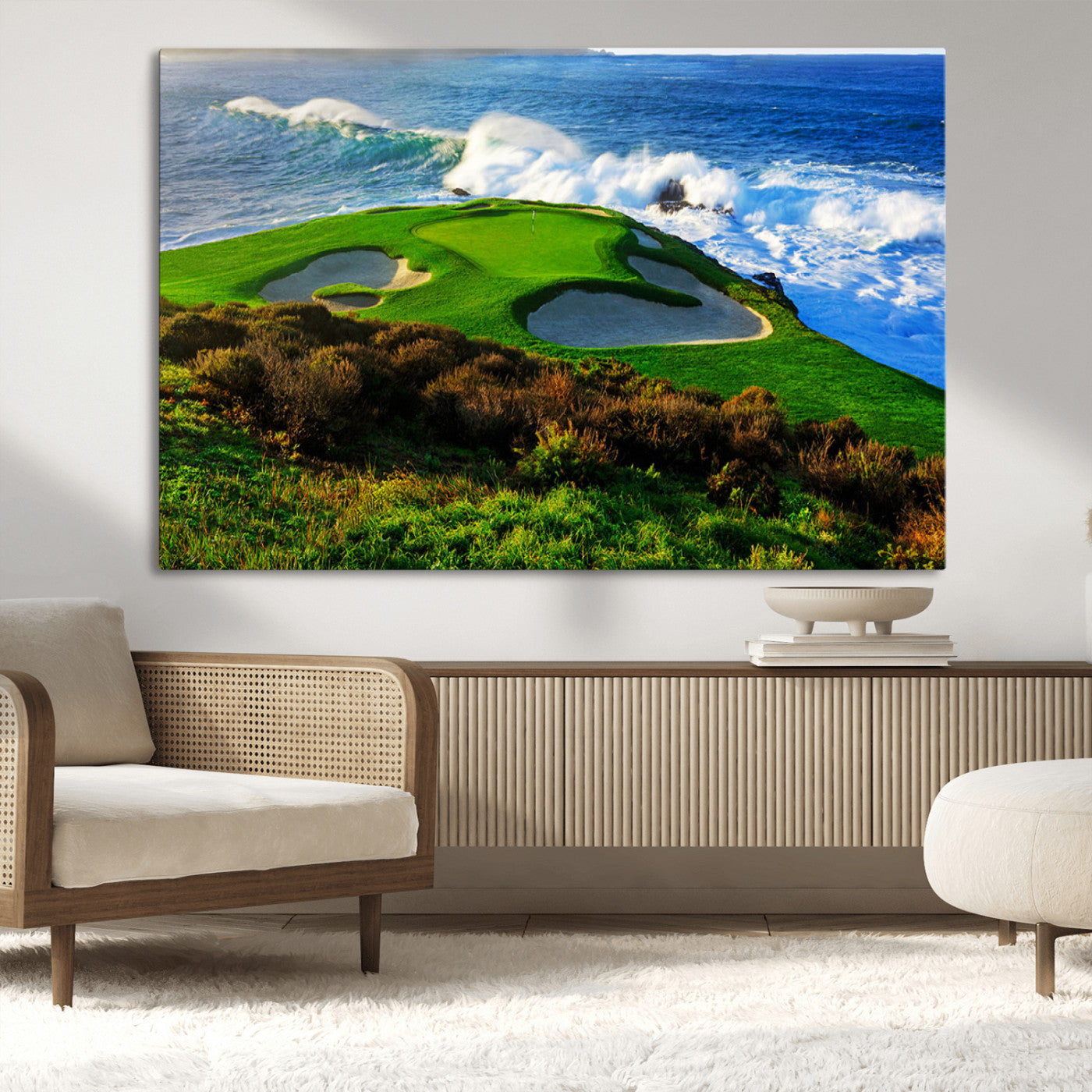 34181847-MGV-CV-36X24-Coastal Golf Course Wall Art Canvas Print – Vibrant Green with Sand Bunkers Overlooking Ocean Waves Artwork for Home, Office