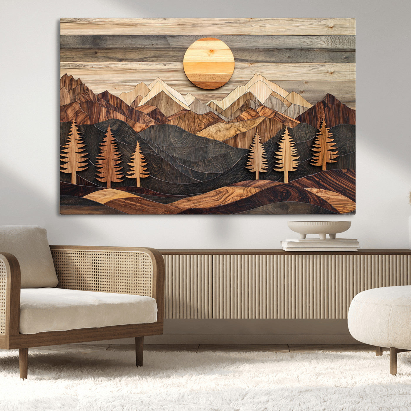 19832326-MGV-CV-36X24-Wooden Mountain Landscape Wall Art Canvas Print, Rustic Forest Pines and Sun Design Natural Warm Decor for Home, Office