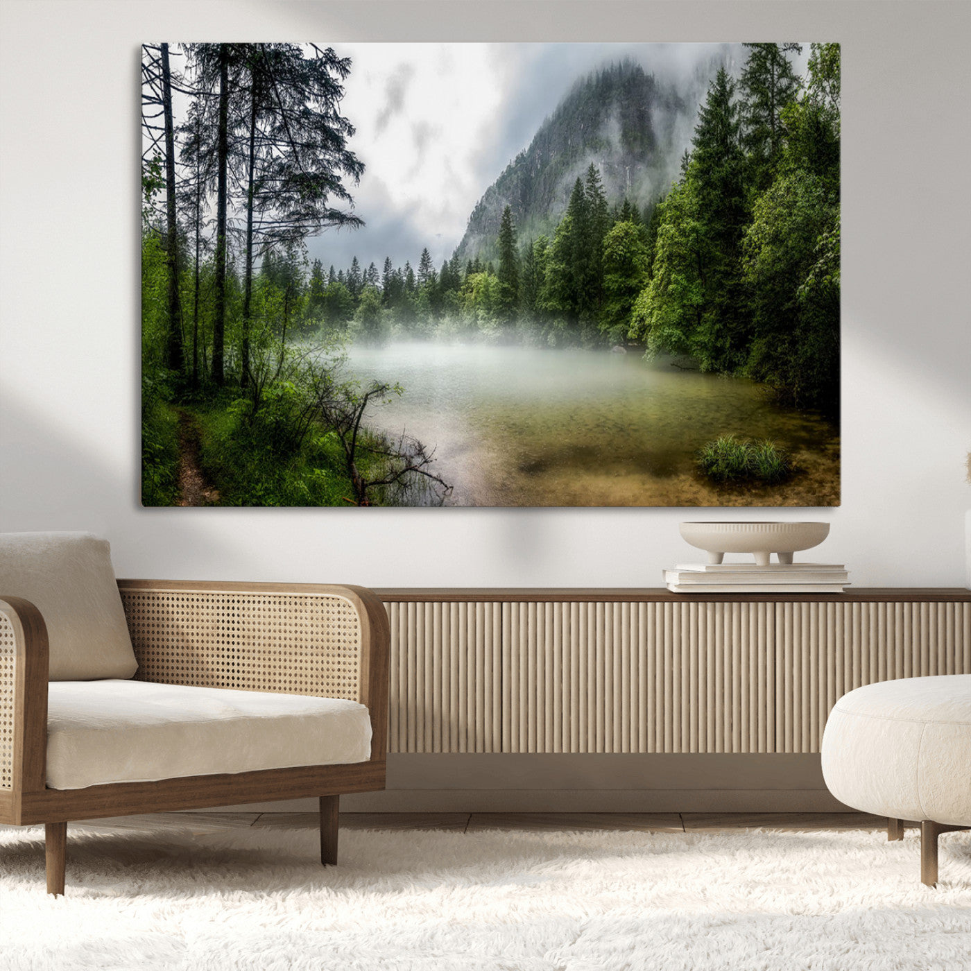 93123937-MGV-CV-36X24-Misty Lake Forest Green Trees Calm Water Reflection Mountain Fog Nature Landscape Outdoor Scenic Beauty Wall Art Canvas Print