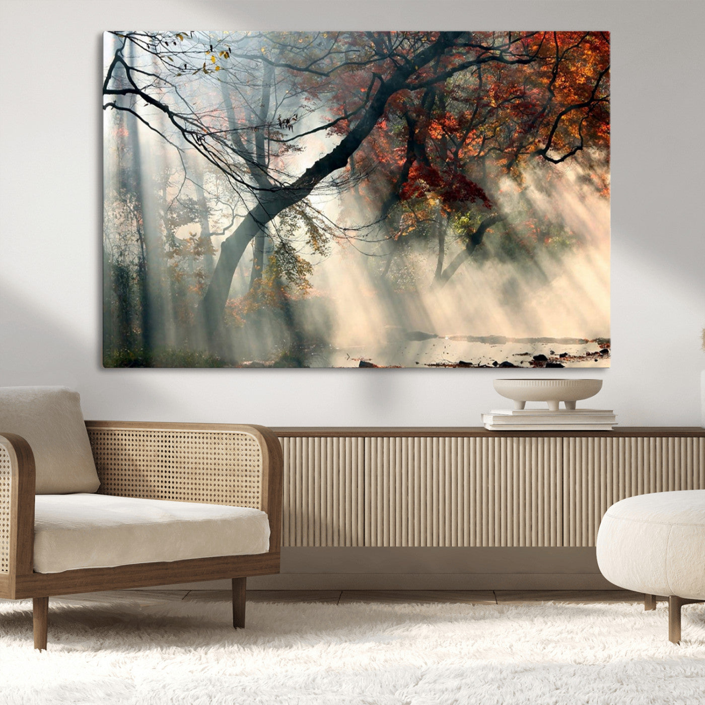 36043878-MGV-CV-36X24-Sunlit Autumn Forest Mist Trees Rays Fog Nature Scenic Peaceful Tranquil Leaves Landscape Morning