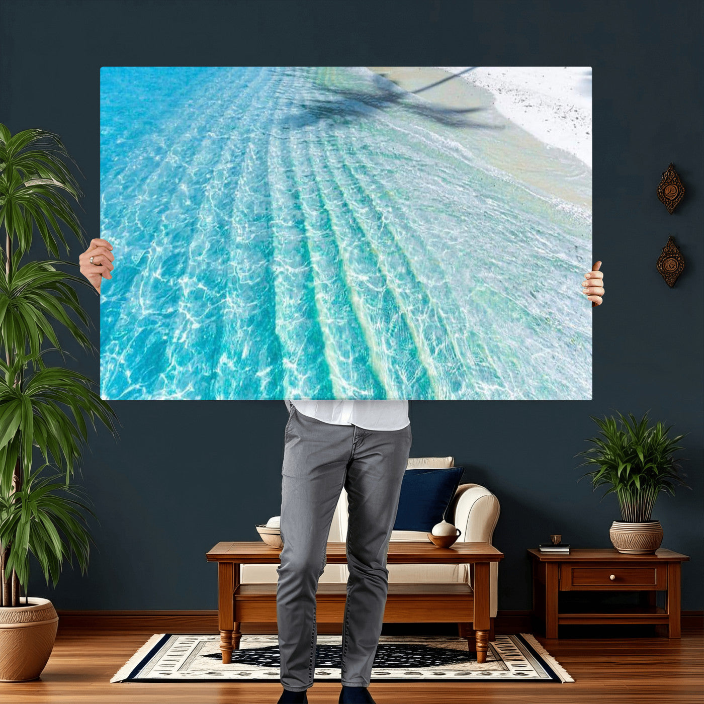 46233906-MGV-CV-36X24 - Serene Clear Blue Ocean Water Canvas Wall Art – Soft White Sand Shore Coastal Print for Home Decor, Relaxation, and Tranquil Vibes