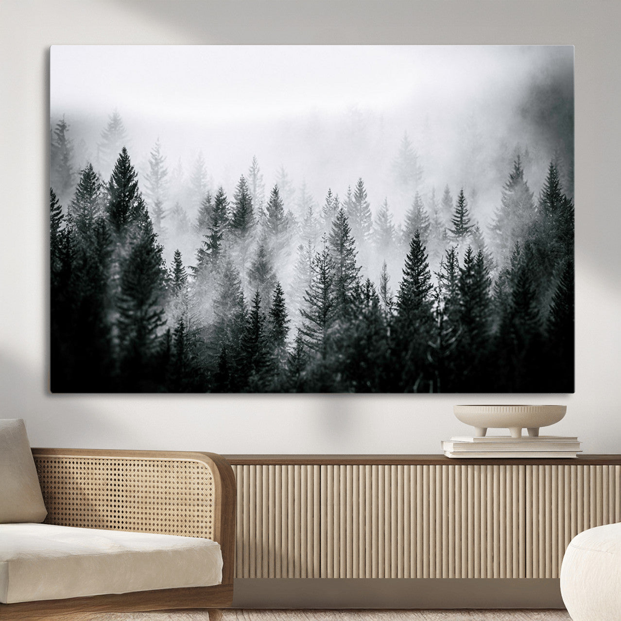 MGV-CV-36X24 - Foggy Pine Forest Canvas Wall Art, Horizontal Black and White Nature Landscape Print for Modern Home Decor