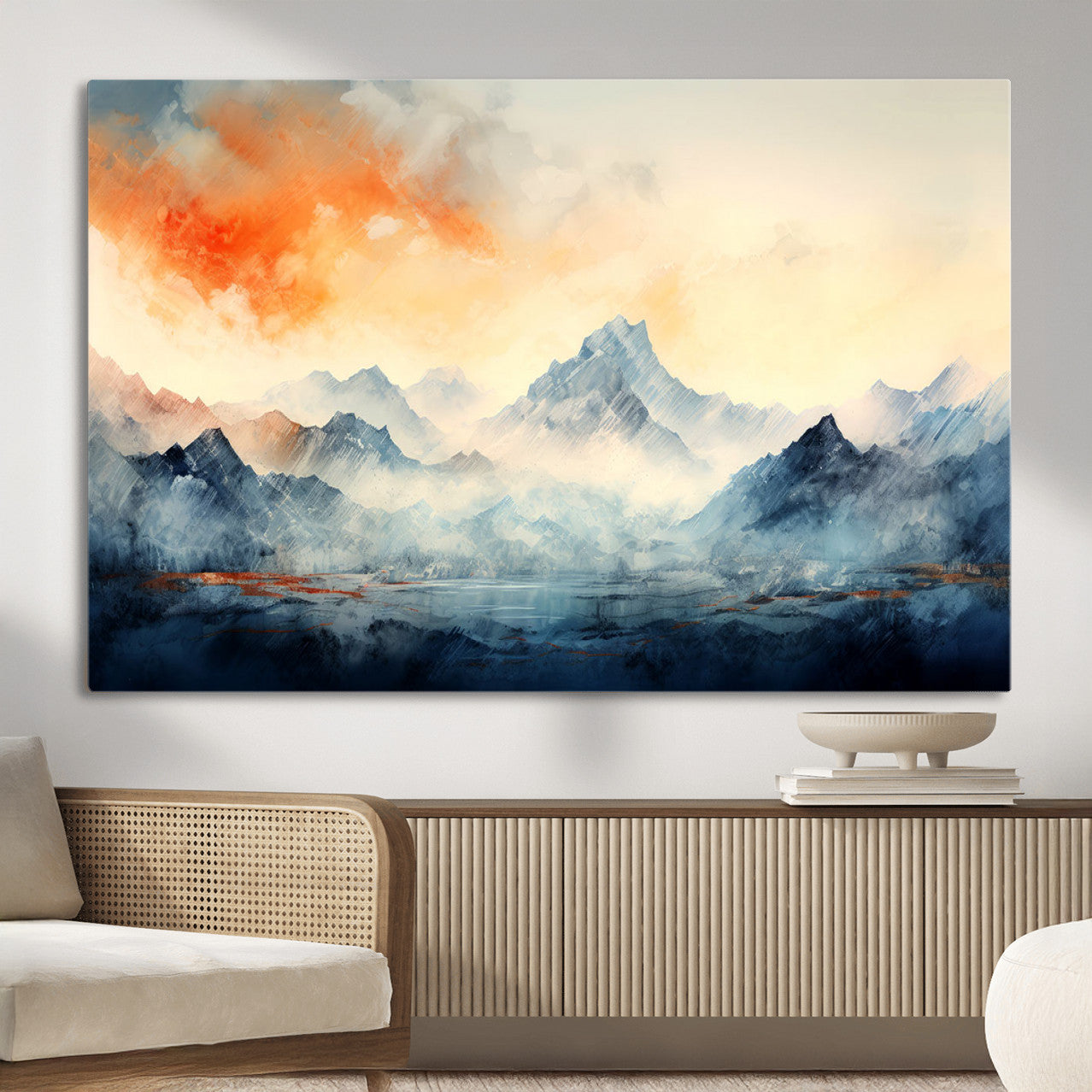 WRM1005-MGV-CV-36X24 - Warm Clouds Abstract Mountain Wall Art, Modern Landscape Canvas Print, Minimal Framed Artwork for Home, Office