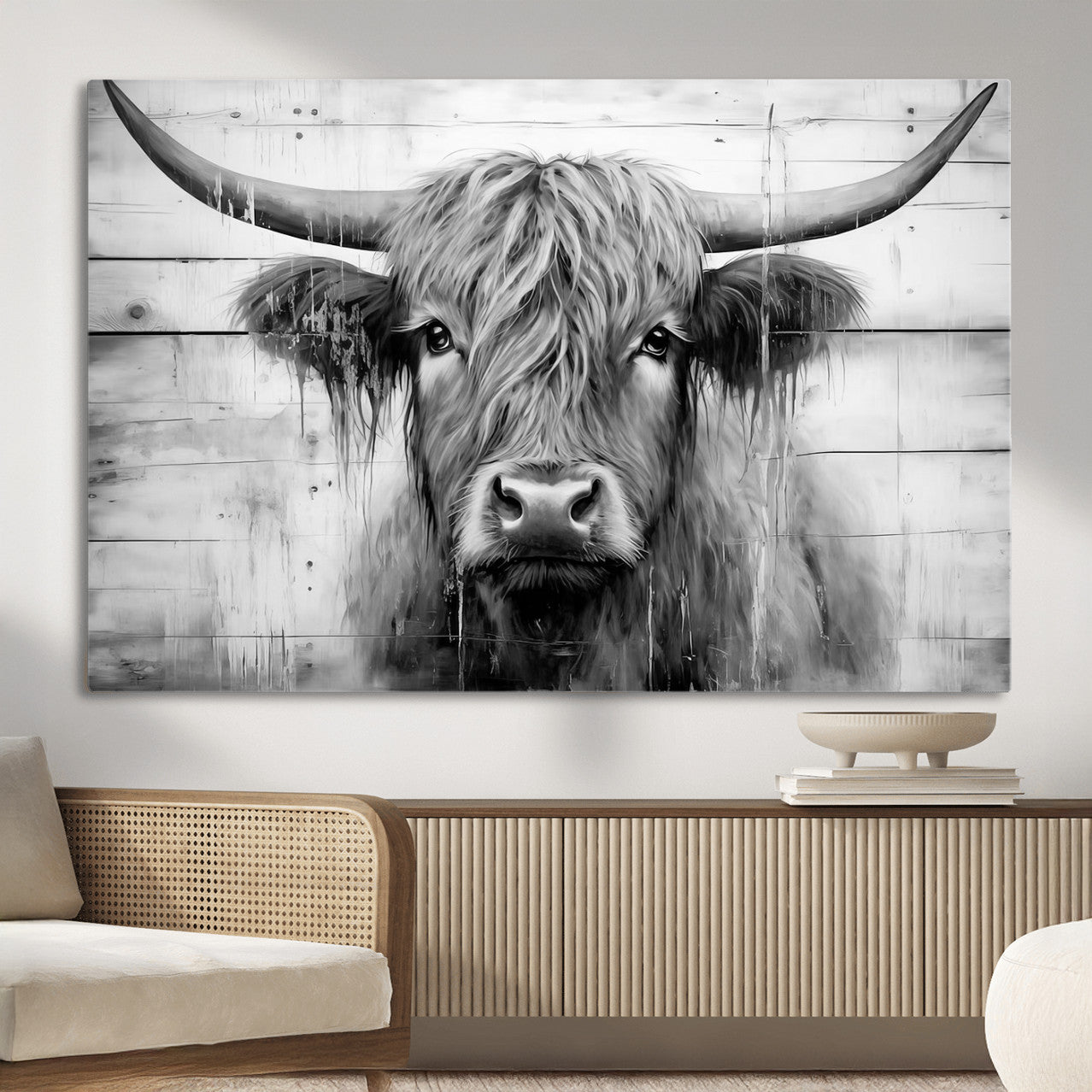 1001HASAN27-MGV-CV-36X24 - Black White Highland Cow Wall Art Canvas Print