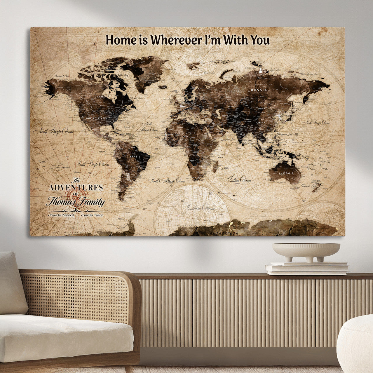 31398786-MGV-CV-36X24 - Personalized World Map Wall Art – Custom Framed Push Pin Travel Tracker Canvas Print Unique Gift for Home, Office
