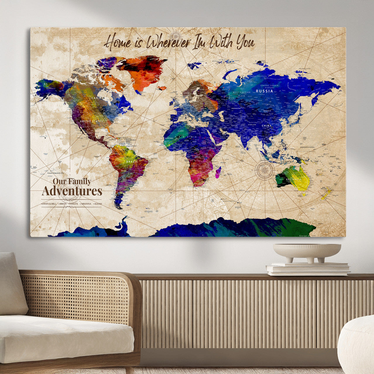 42795268-MGV-CV-36X24 - Personalized Push Pin World Map Canvas Print – Custom Adventure Travel Map, Framed Wall Art Gift for Couples or Family