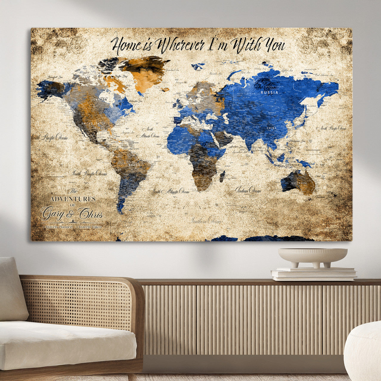 20854758-MGV-CV-36X24 - Personalized Push Pin World Map Canvas Print – Custom Framed Travel Tracker Artwork with Pins for Home and Office Decor
