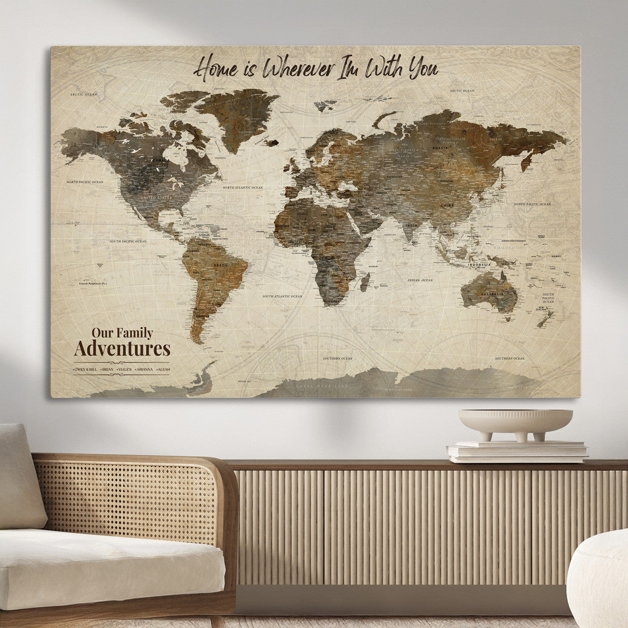 74684563-MGV-CV-36X24 - Custom Push Pin World Map Wall Art Canvas Print – Personalized Travel Tracker with Pins Framed Large for home, office