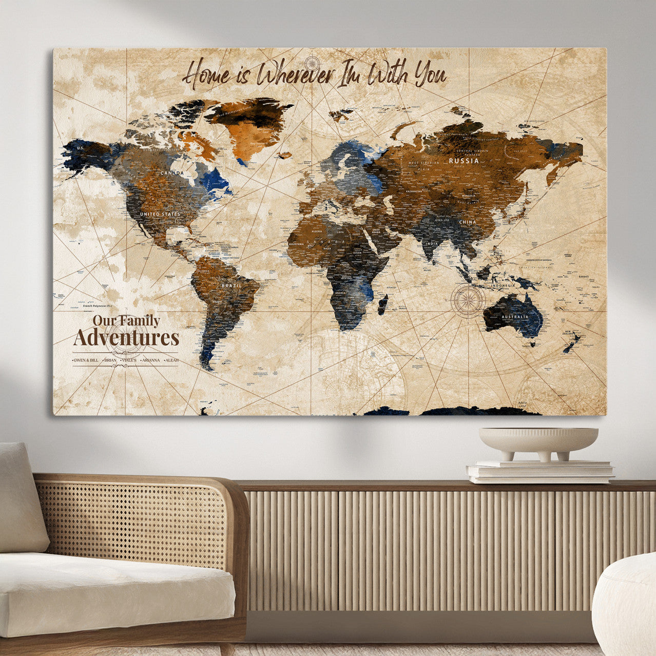 37709027-MGV-CV-36X24 - Customized Push Pin World Map Wall Art Canvas Print with Pins, Vintage Personalized Travel Tracker Map, Framed World Map for Living Room, Office and Home Decor