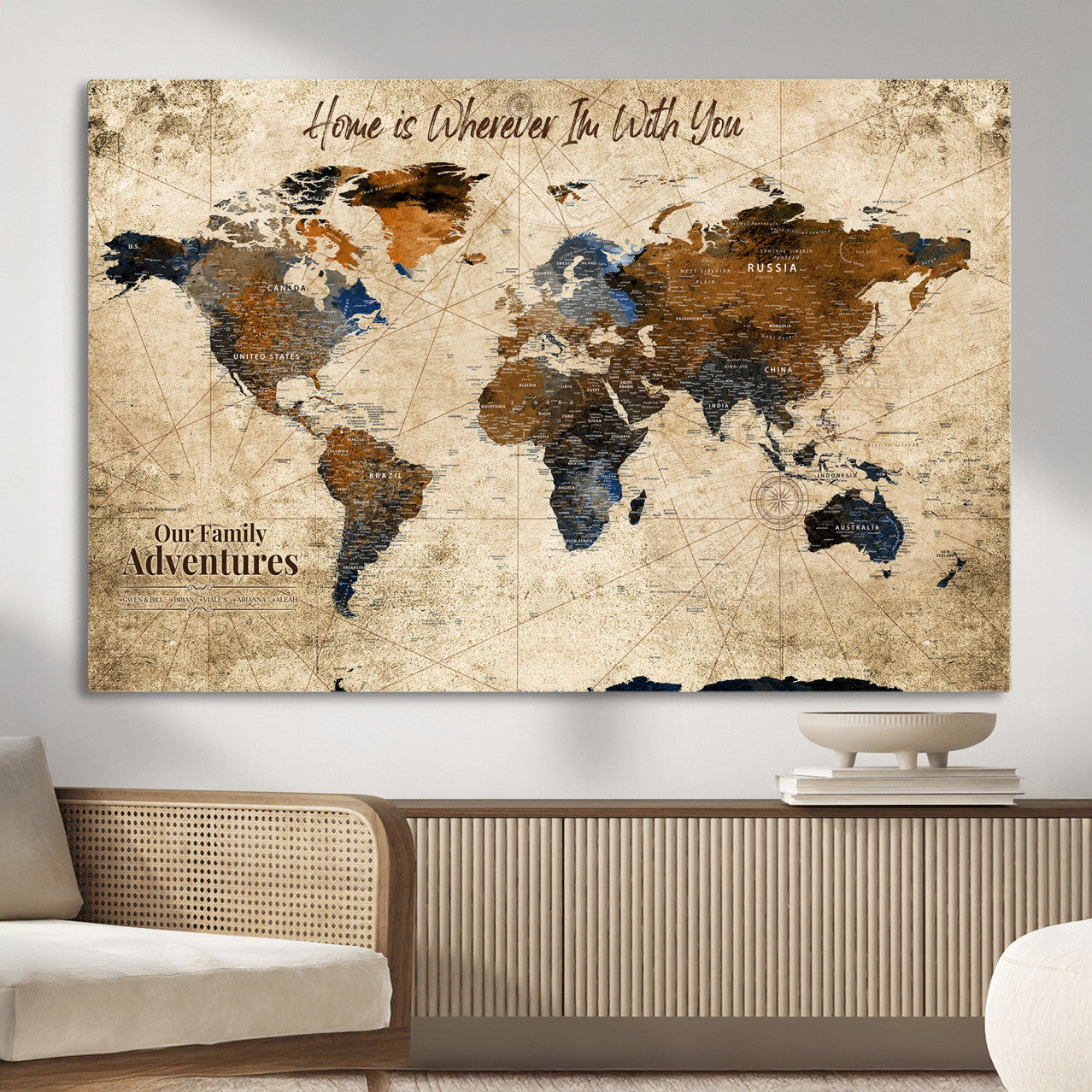 23631534-MGV-CV-36X24 - Customized Push Pin World Map Wall Art Canvas Print with Pins, Personalized Travel Tracker Map, Framed World Map for Living Room, Office and Home Decor