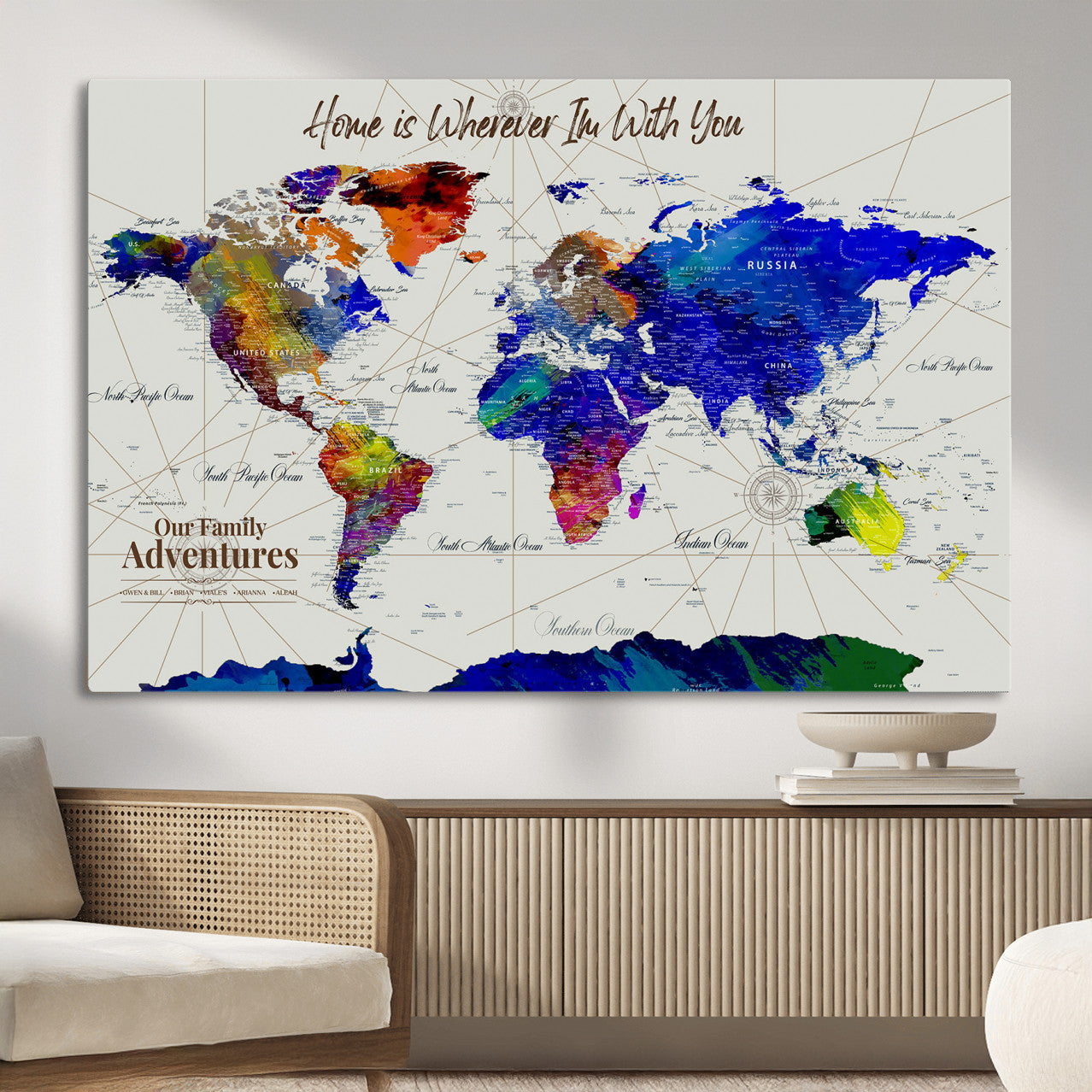 74686301-MGV-CV-36X24 - Customized Push Pin World Map Wall Art Canvas Print with Pins, Personalized Travel Tracker Map, Framed World Map for Living Room, Office and Home Decor