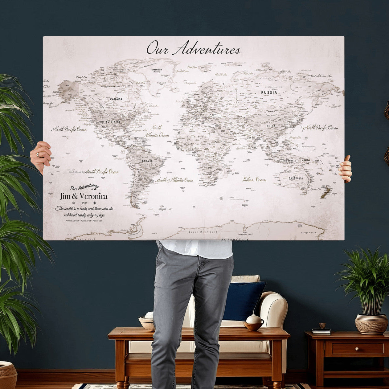55881143-MGV-CV-36X24 - Personalized Push Pin World Map Wall Art Canvas Print with Pins – Customize Travel Tracker Map for Home and Office Décor